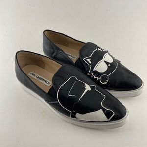 Karl Lagerfeld Black Leather Slip-On Loafers with White Graphic Cat & Profile